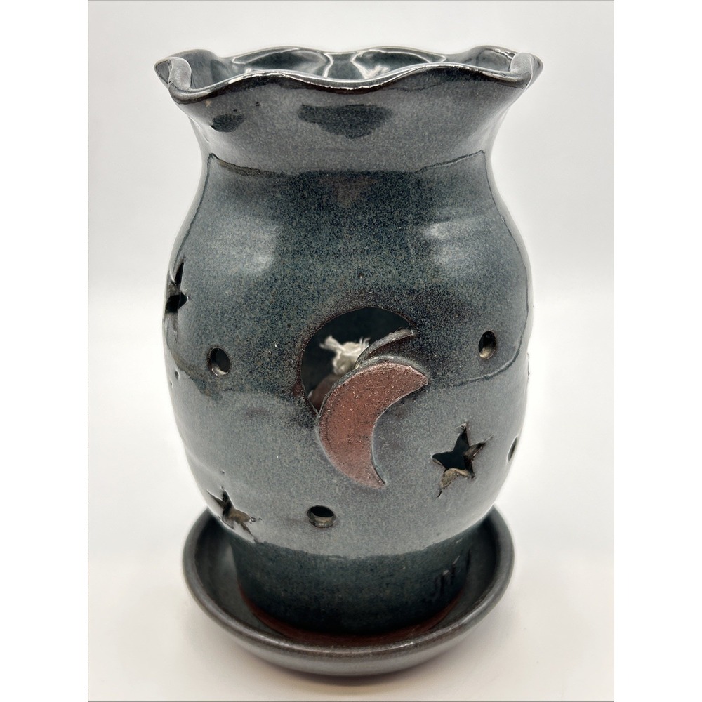 Celestial Blue Stars Moon Hand Painted Signed Art Pottery Glazed Oil Lamp 7.5